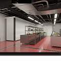 Restaurant Kitchen Interior with Stainless Steel Worktables Fresh Ingredients Red Tiled Flooring and White Walls