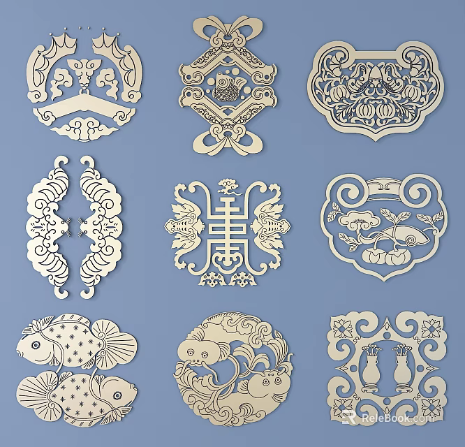 Traditional Chinese Wooden Carved Patterns with Various Fish Vase and Auspicious Designs on Blue Background 3d model 