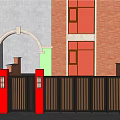 Modern Black And Wooden Entrance Gate With Vertical Slats Stone Pillars And Red Brick Building