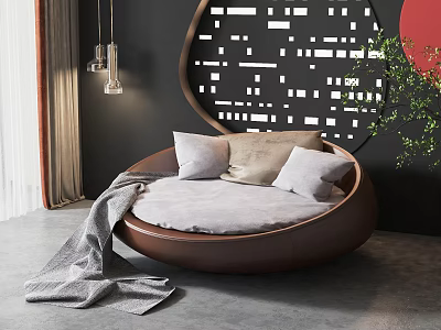 Circular Sectional Sofa With Brown Frame Gray Cushion Light Pillows And Gray Throw Blanket 3d model