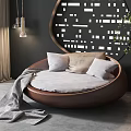 Circular Sectional Sofa With Brown Frame Gray Cushion Light Pillows And Gray Throw Blanket 3d model