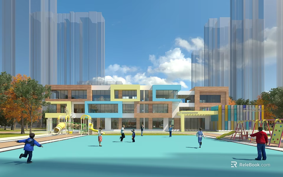 Colorful Urban School Building With Playground And Children Playing Under Blue Sky And White Clouds 3d model 