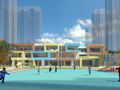 Colorful Urban School Building With Playground And Children Playing Under Blue Sky And White Clouds 3d model