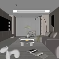 Modern Living Room Interior With Gray Sofa Round Coffee Table Floor Lamp TV Cabinet And Green Plant