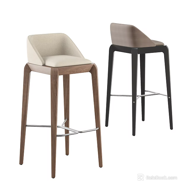 Modern Bar Stools with Backrest Light Dark Upholstered Seats and Wooden Black Metal Legs 3d model 