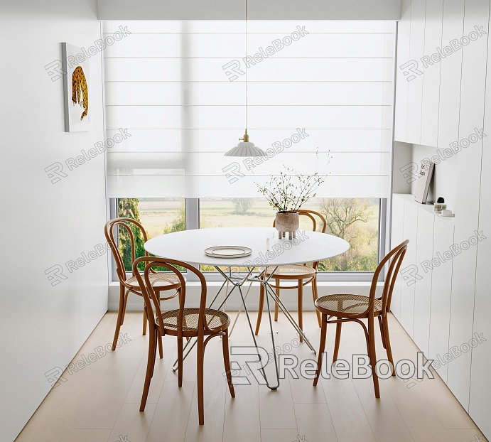 Negotiation Table and Chair Round Dining Table and Chair Round Table Bamboo Chair Solid Wood Dining Chair Vase UFO Chandelier model