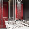 Modern Bathroom With Marble Countertop Mirrors And Red Accents
