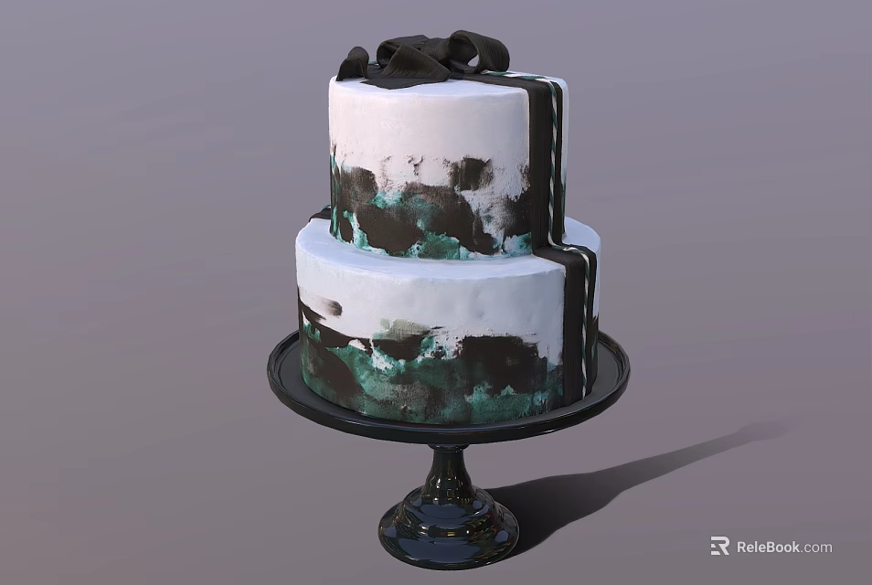 Two Tiered Cake With Black Green Brushstroke Decorations On Black Stand 3d model 