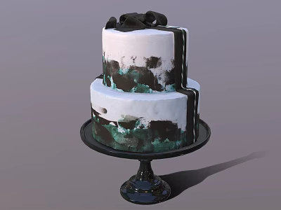 Two Tiered Cake With Black Green Brushstroke Decorations On Black Stand 3d model
