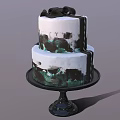 Two Tiered Cake With Black Green Brushstroke Decorations On Black Stand