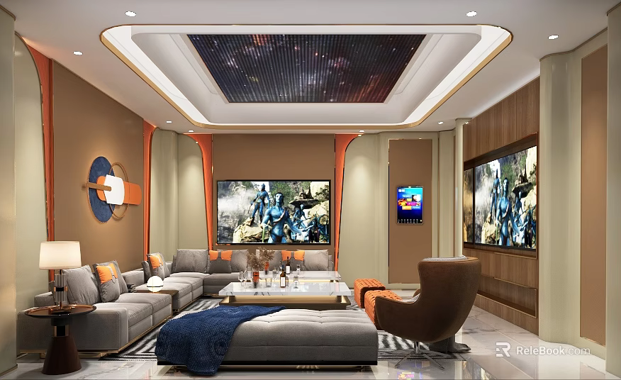 Modern KTV Interior Design With Large Screens Comfortable Seating And Decorative Lights 3d model 
