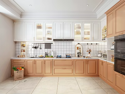 Bright Modern Kitchen Interior With White Wooden Cabinets Tile Backsplash Oven And Fruit Basket 3d model