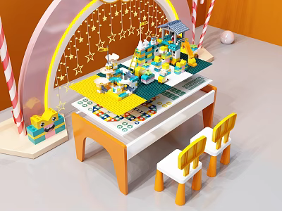 Colorful Kids Desk With Lego Building Blocks And Arched Star Decorations And Chairs 3d model
