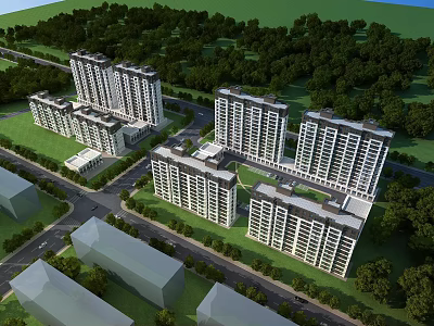 Modern High Rise Residential Buildings With Green Surroundings and Tree Areas 3d model