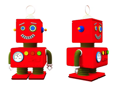 Animated Red Robot Characters With Spring Legs Smiling Faces And Colorful Dials 3d model