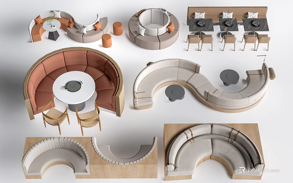 Modern Dining Table Sets With Curved Upholstered Seats And Round Tabletops 3d model 