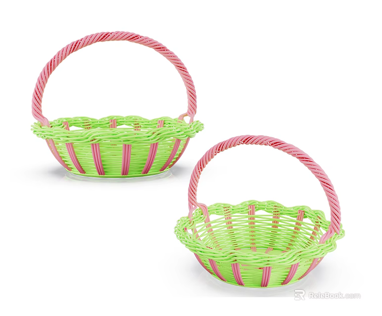Green And Pink Woven Baskets With Decorative Twist Handles For Storage 3d model 