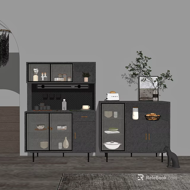 Modern Gray Sideboard With Glass Doors Open Shelves Plant And Decorations 3d model 
