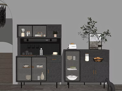 Modern Gray Sideboard With Glass Doors Open Shelves Plant And Decorations 3d model