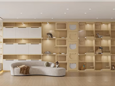 Cozy Pet Store With Wooden Shelves Cats Dogs Curved Sofa Blanket And Pillows 3d model