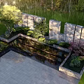 Modern Landscape Wall With Stone Panels Surrounded By Green Plants And Trees In Outdoor Courtyard