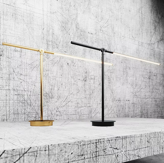 Modern Gold And Black Table Lamps With Round Bases Slender Poles On Gray Textured Wall 3d model 