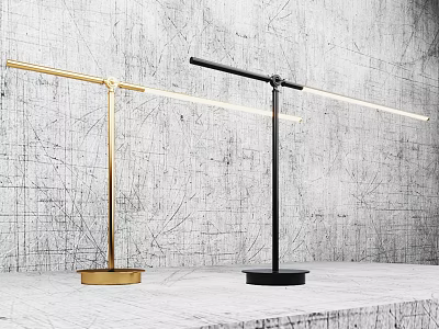 Modern Gold And Black Table Lamps With Round Bases Slender Poles On Gray Textured Wall 3d model