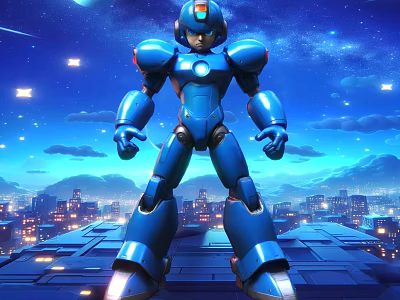 Blue Metallic Robot Doll Standing On Rooftop With City Night View And Starry Sky 3d model