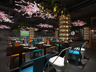 Modern Restaurant Space Featuring Cherry Blossom Decor Green Plants Wine Racks And Colorful Seats 3d model