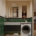 Modern Bathroom Interior Design With Green Tiles Round Mirror Sink And Washing Machine