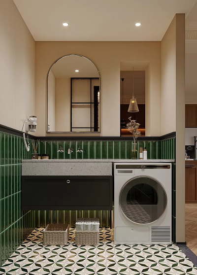 Modern Bathroom Interior Design With Green Tiles Round Mirror Sink And Washing Machine 3d model