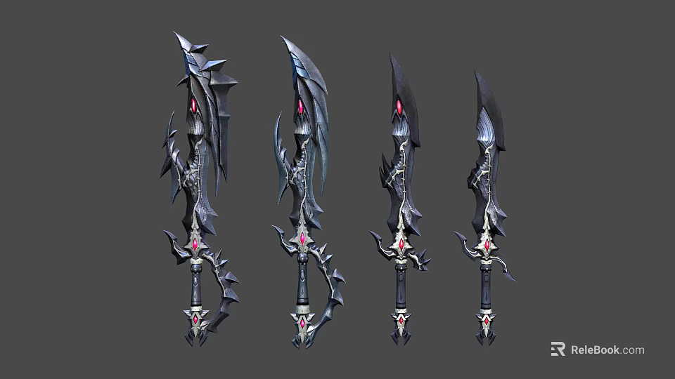 Four Elaborate Fantasy Weapons With Dragon Shaped Design And Red Gemstone Details 3d model 