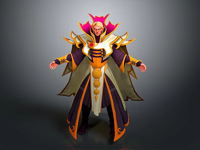 Man In Elaborate Red And Gold Costume With Ornate Headpiece And Long Robe 3d model