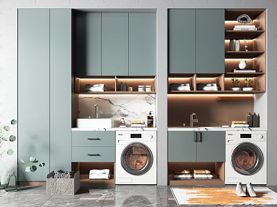Modern Gray Bathroom Cabinetry With Washing Machine Marble Countertop Storage Drawers And Built in Lighting 3d model