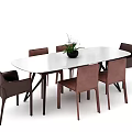 Modern Dining Table Set With White Table Brown Chairs And Potted Plant Decor 3d model
