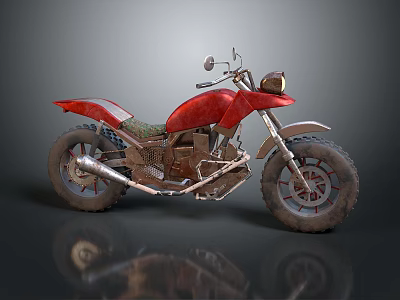 Red Vintage Dirt Bike With Oversized Tires And Metallic Body Details 3d model