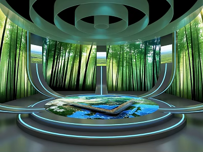 Modern Space With Circular Structure Green Bamboo Forest Central Water Pool And Stone Path 3d model