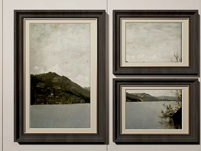 Three Oil Paintings In Dark Frames Scenic Mountain Lake Landscape With Trees 3d model