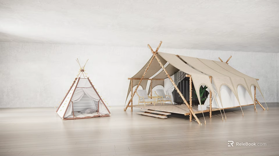 Two Tents Including Tipi And Canvas Tent With Wooden Poles In Modern Indoor Minimalist Setting 3d model 