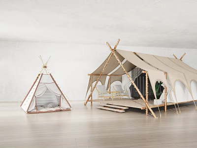 Two Tents Including Tipi And Canvas Tent With Wooden Poles In Modern Indoor Minimalist Setting 3d model
