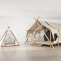 Two Tents Including Tipi And Canvas Tent With Wooden Poles In Modern Indoor Minimalist Setting