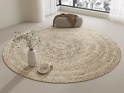 Natural Woven Round Rug in Bright Room with White Vase Greenery and Small Basket 3d model