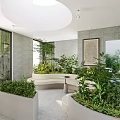 Modern Leisure Area Interior With Curved Seating Green Plants And Large Windows