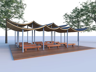 Garden Gazebo Design With Curved Roof Wooden Platform And Surrounding Trees Benches 3d model