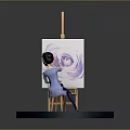 Girl Painting Purple Flower On Easel With Black And White Checkered Base