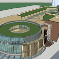 Modern Commercial Complex With Glass Facade Curved Roof And Multilevel Exterior
