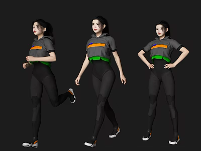 Game Movie Female Character With Gray Top Orange Green Stripes Black Leggings Different Poses 3d model