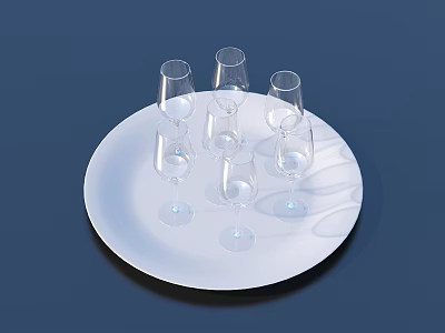 Transparent Wine Glasses Arranged On White Plate With Dark Blue Background 3d model