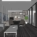 Modern Office Interior With Large Windows City View Grey Sofa And Work Desk 3d model