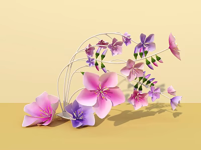Creative Floral Art Installation With Pink Purple Flowers And White Wire Frame Design 3d model